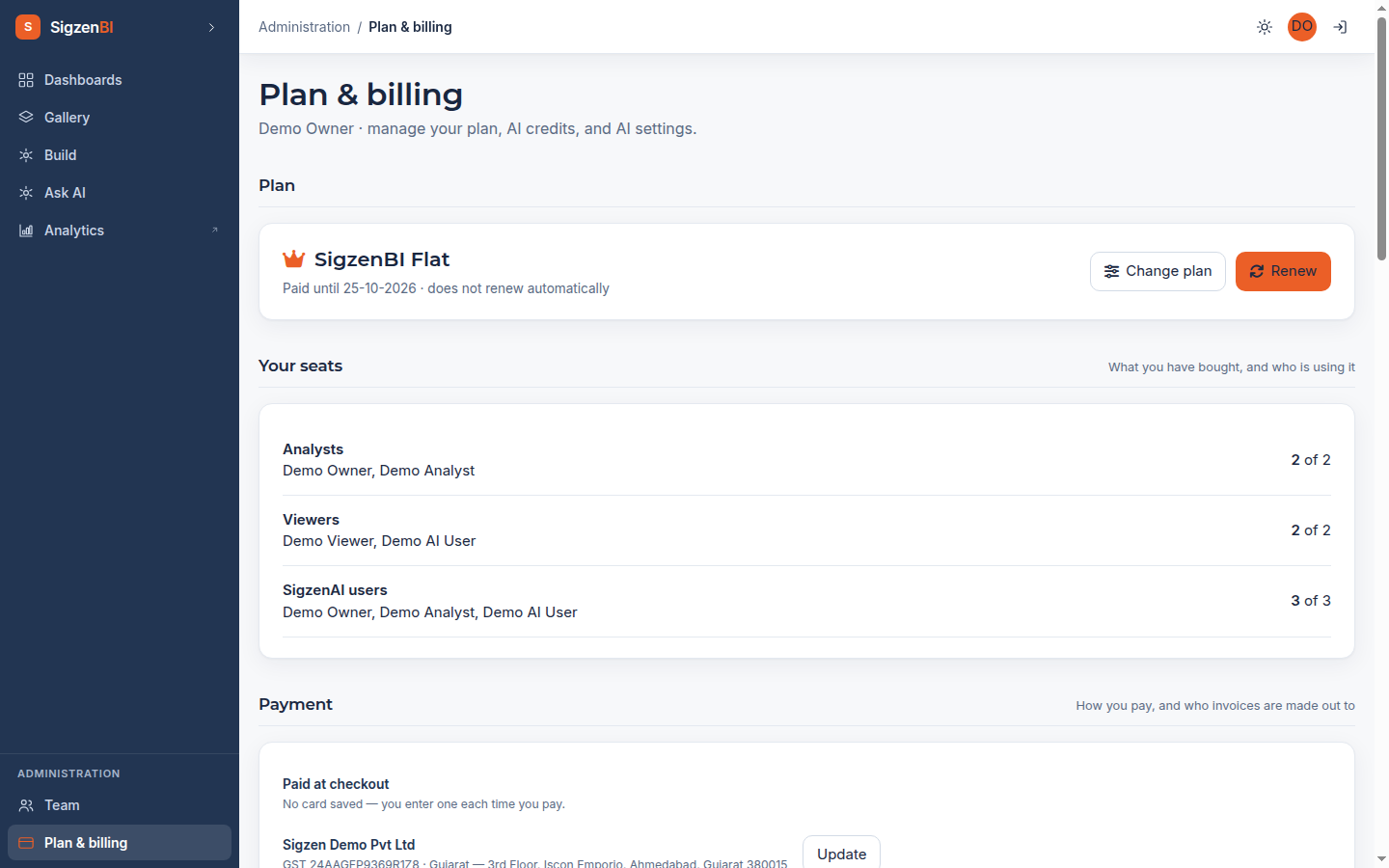 Plan, seats and billing identity on one page